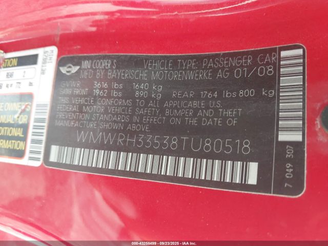 2008 MINI COOPER S WMWRH33538TU80518 Photo 8