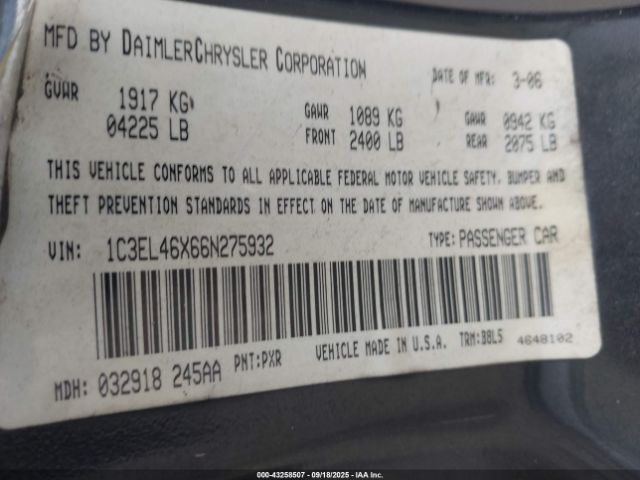 2006 CHRYSLER SEBRING 1C3EL46X66N275932 Photo 8
