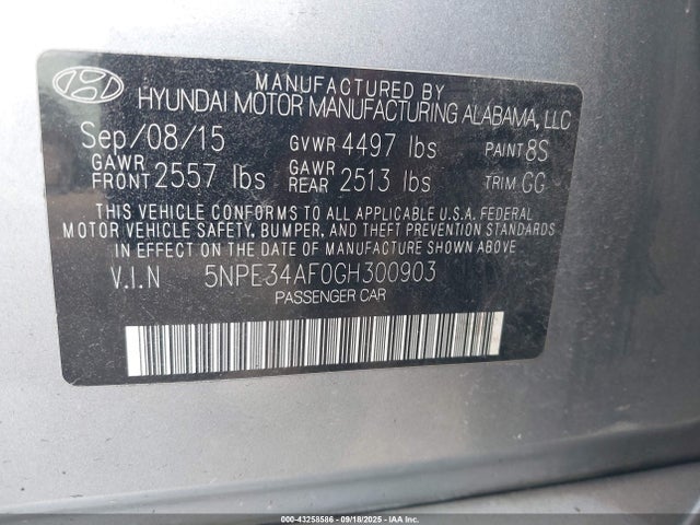 43258586 :رقم المزاد ، 5NPE34AF0GH300903 vin ، 2016 Hyundai Sonata Sport مزاد بيع