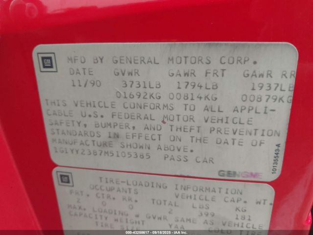 1991 CHEVROLET CORVETTE 1G1YY2387M5105385 Photo 8