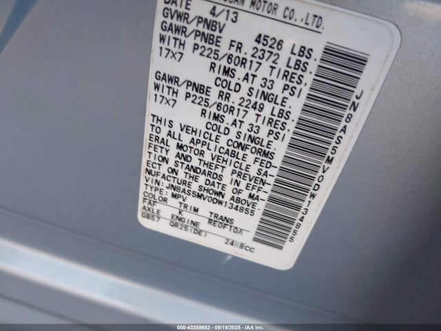 43258682 :رقم المزاد ، JN8AS5MV0DW134855 vin ، 2013 Nissan Rogue Sv مزاد بيع