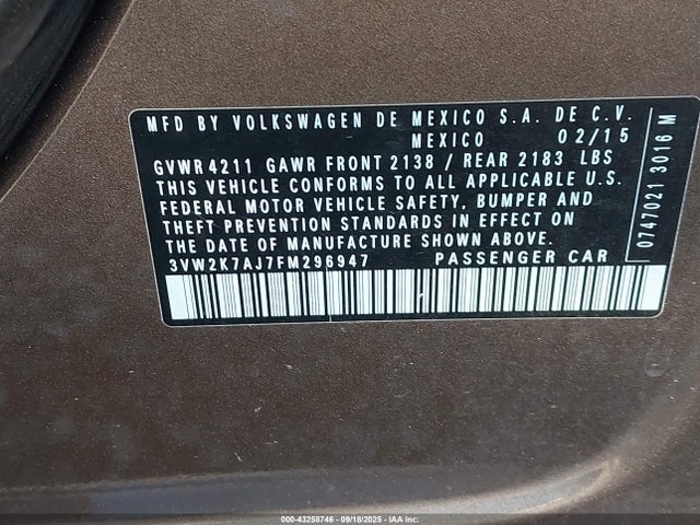 Volkswagen Jetta 2015 3VW2K7AJ7FM296947 Image 9