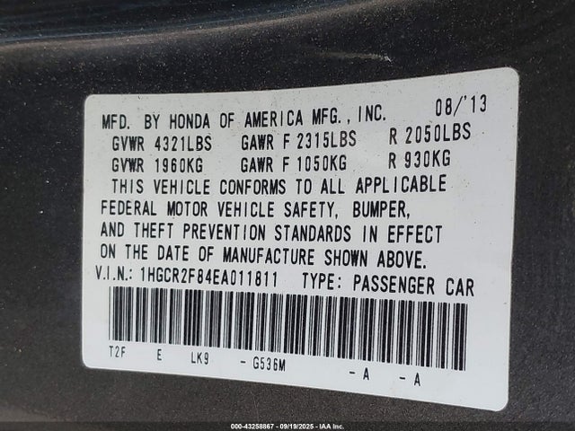 Honda k24w1 2014 1HGCR2F84EA011811 Image 9