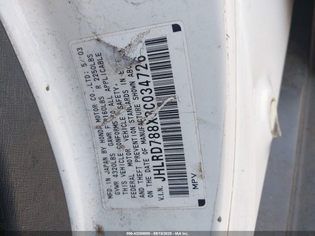 Aukcja sprzedaży 2003 Honda Cr-v Ex, vin: JHLRD788X3C034726, numer aukcji: 43258895