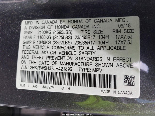 2HKRW5H37JH421896 Honda k24w9/k24v9