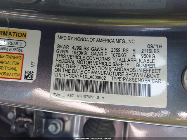 Aukcja sprzedaży 2020 Honda Accord Lx, vin: 1HGCV1F1XLA000902, numer aukcji: 43258949