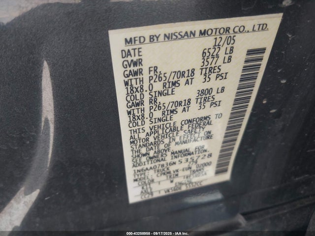 Продаж на аукціоні авто 2006 Nissan Titan Le, vin: 1N6AA07B36N535728, номер лоту: 43258958