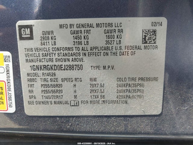 Chevrolet llt 2014 1GNKRGKD0EJ288750 Image 9