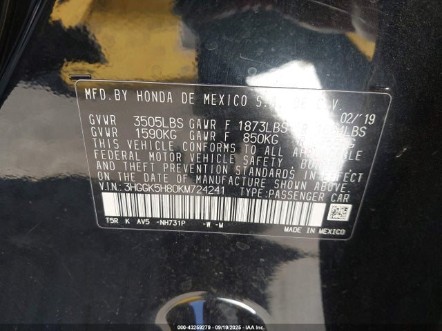 3HGGK5H80KM724241 Honda l15b1