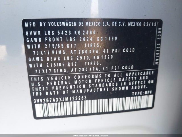 3VV2B7AXXJM123263 Volkswagen 2018