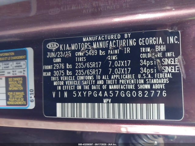 5XYPG4A57GG082776 KIA dohc gdi lambda ii