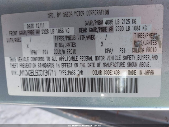 Aukcja sprzedaży 2012 Mazda Mazda5 Sport, vin: JM1CW2BL6C0134711, numer aukcji: 43259449