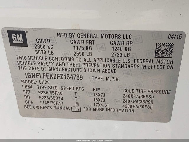 1GNFLFEK0FZ134789 Chevrolet lea - flex fuel (gas/alc), aluminum, ho,