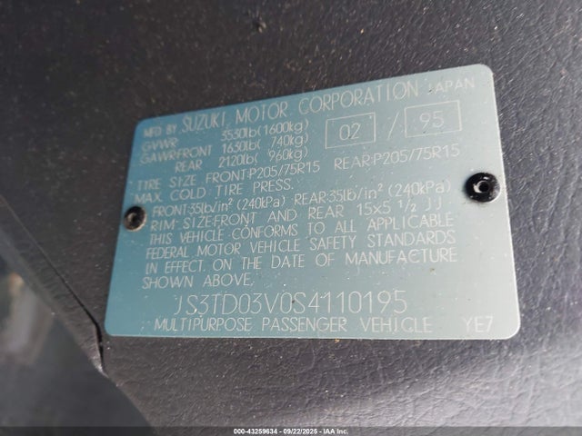 1995 SUZUKI SIDEKICK JS3TD03V0S4110195 Photo 8