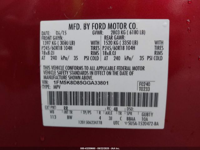 2016 FORD EXPLORER 1FM5K8D85GGA33801 Photo 8
