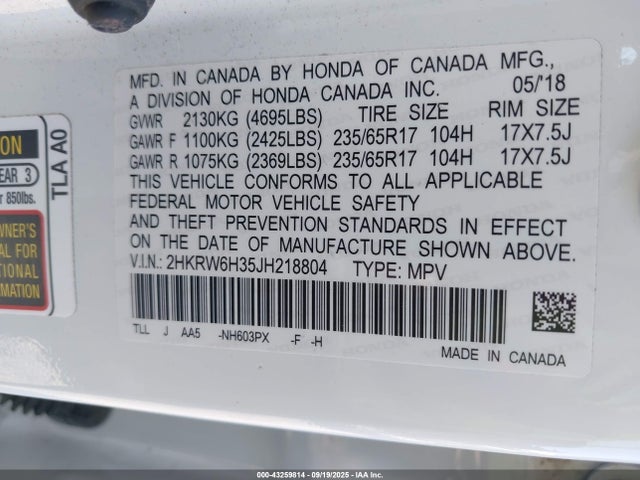 2HKRW6H35JH218804 Honda k24w9/k24v9