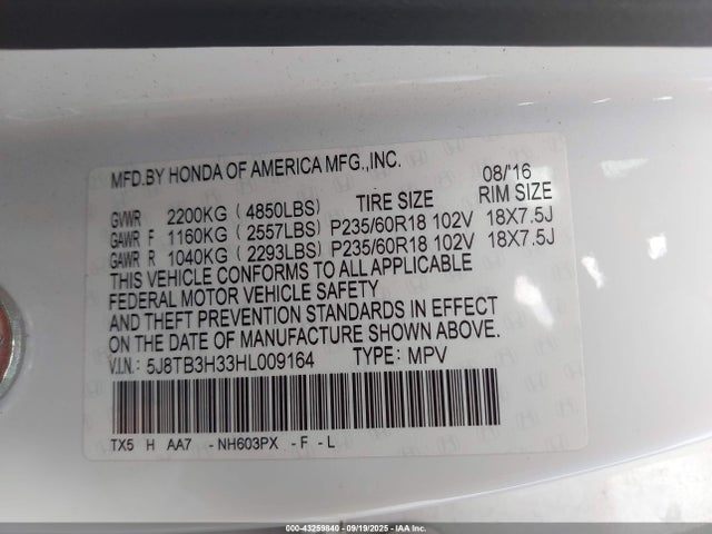 Acura j35z2 2017 5J8TB3H33HL009164 Image 9