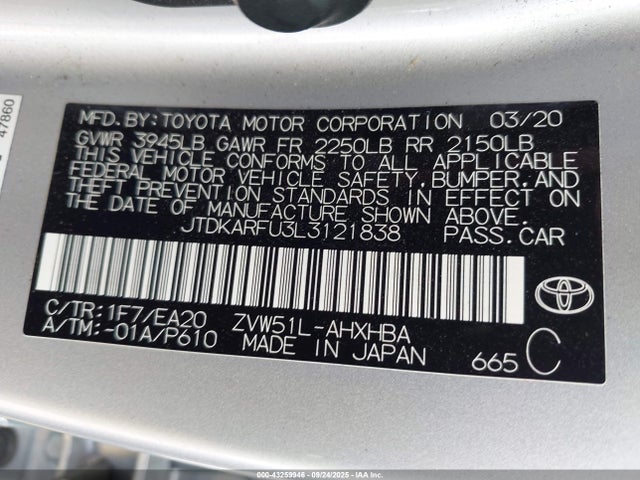 JTDKARFU3L3121838 Toyota 2zr-fxe,1nm+1mm