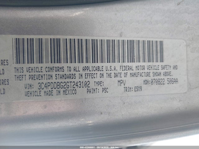 Продажа на аукционе авто 2016 Dodge Journey Sxt, vin: 3C4PDDBG2GT243102, номер лота: 43260051