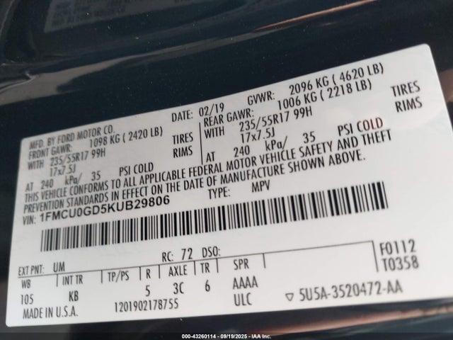1FMCU0GD5KUB29806 Ford 1.5l gtdi sigma w/premium fuel