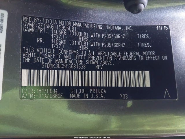 5TDYK3DC5FS681538 Toyota 2gr-fks