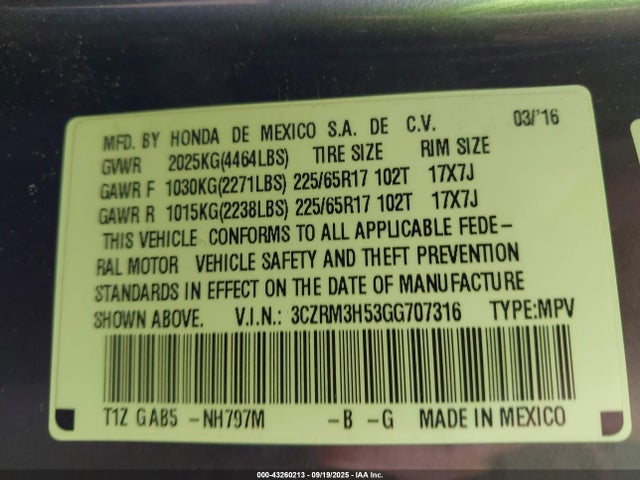 3CZRM3H53GG707316 Honda k24w9/k24v1