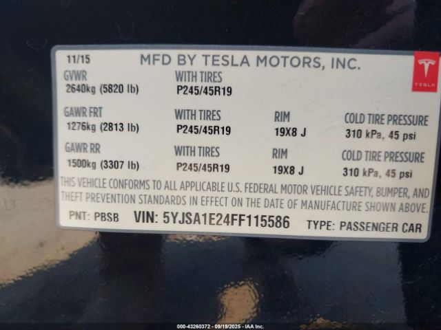 2015 TESLA MODEL S 5YJSA1E24FF115586 Photo 8