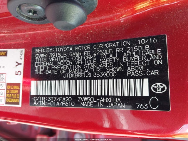 JTDKBRFU3H3539000 Toyota 2zr-fxe,1nm