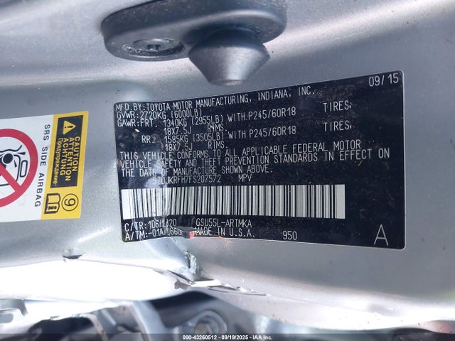 Toyota 2gr-fe 2015 5TDJKRFH7FS207572 Image 9