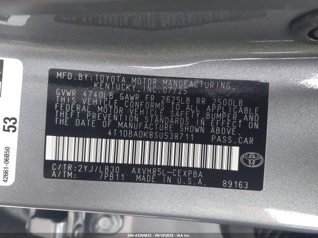 4T1DBADK8SU538711 Toyota CAMRY XSE