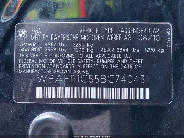 Aukcja sprzedaży 2011 Bmw 528i, vin: WBAFR1C55BC740431, numer aukcji: 43260782