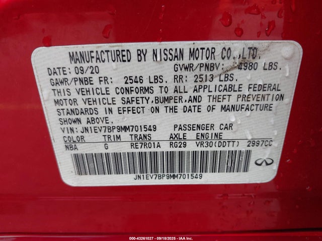 JN1EV7BP9MM701549 Infiniti Q50 LUXE