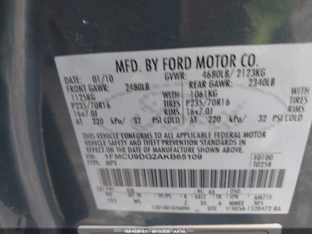 2010 Ford Escape Xlt მანქანა იყიდება აუქციონზე, vin: 1FMCU9DG2AKB65109, აუქციონის ნომერი: 43261031
