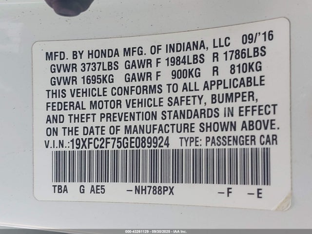 Honda k20c2 2016 19XFC2F75GE089924 Image 9