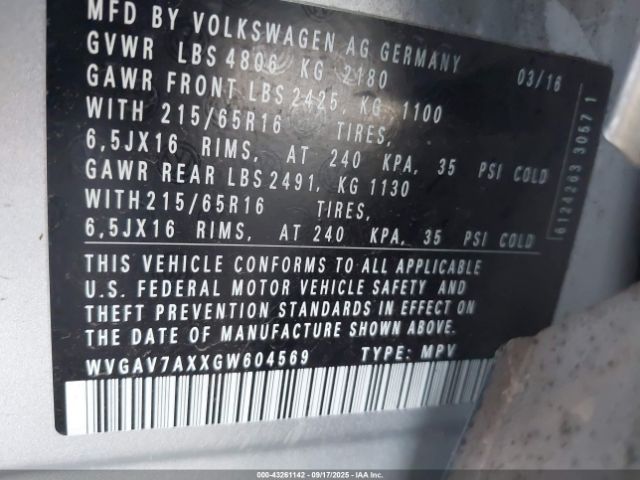 2016 VOLKSWAGEN TIGUAN WVGAV7AXXGW604569 Photo 8
