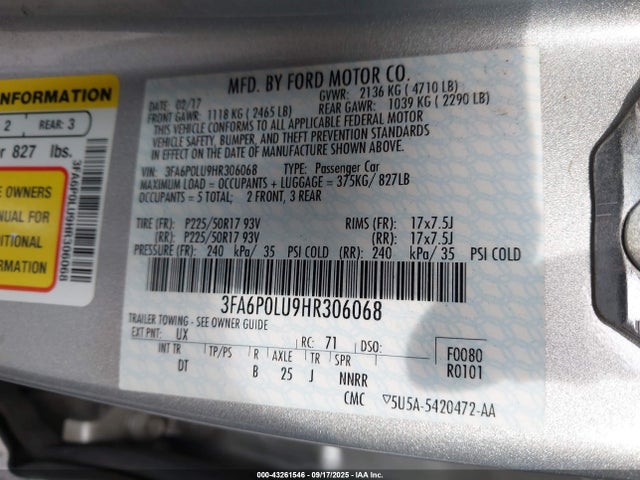 Ford 2.0l 4v atk hev 2017 3FA6P0LU9HR306068 Image 9