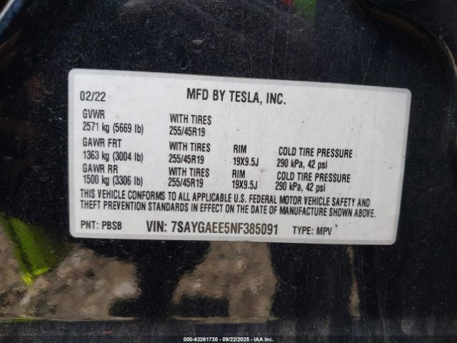 2022 TESLA MODEL Y 7SAYGAEE5NF385091 Photo 8