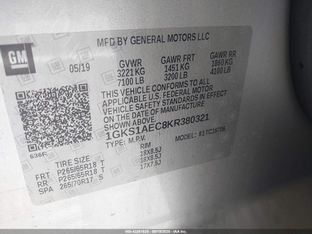 GMC l83 - spark ignited direct injection, variable valve timing, afm, e85 max, alum 2019 1GKS1AEC8KR380321 Image 9