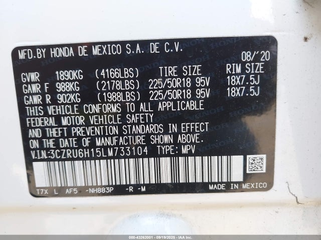 3CZRU6H15LM733104 Honda r18z9