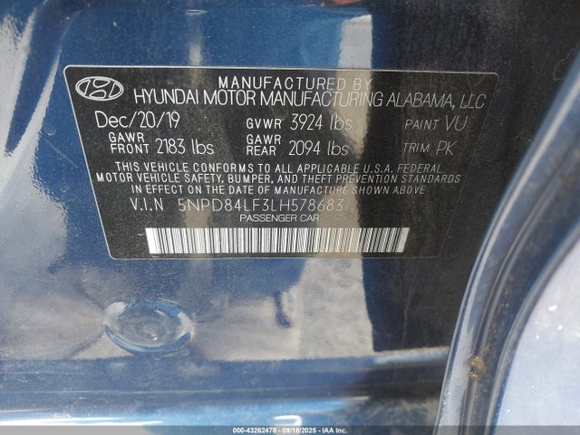 5NPD84LF3LH578683 Hyundai mpi nu