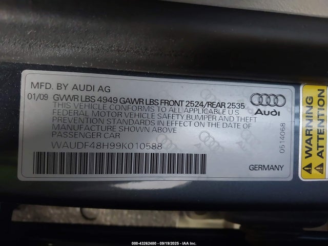 2009 AUDI A4 WAUDF48H99K010588 Photo 8