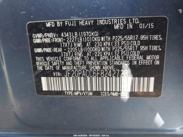 JF2GPACC6F8242728 Subaru 2.0l naturally aapirated