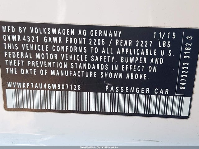 WVWKP7AU4GW907128 Volkswagen E-Golf