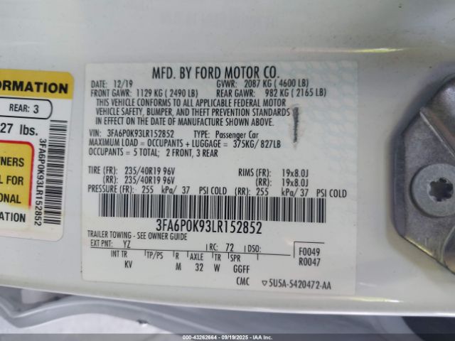 2020 FORD FUSION 3FA6P0K93LR152852 Photo 8