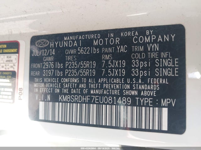 KM8SRDHF7EU081489 Hyundai dohc gdi lambda