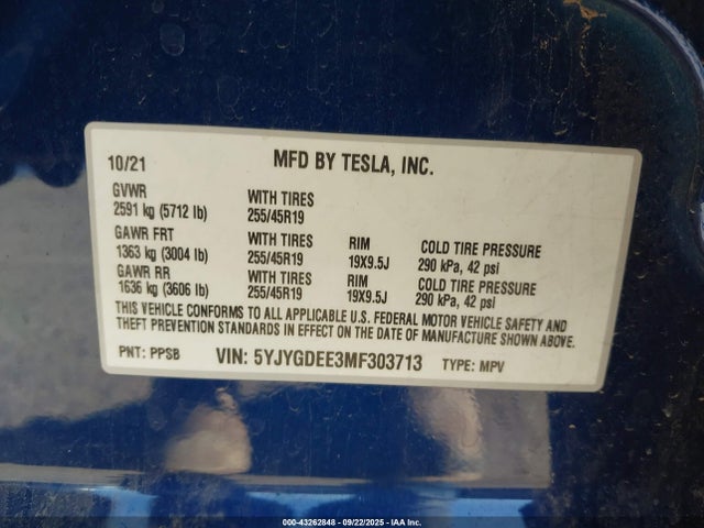 43262848 :رقم المزاد ، 5YJYGDEE3MF303713 vin ، 2021 Tesla Model Y Long Range Dual Motor All-wheel Drive مزاد بيع