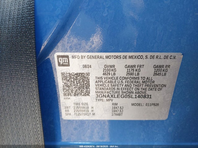 43262874 :رقم المزاد ، 3GNAXLEG0SL140831 vin ، 2025 Chevrolet Equinox Fwd Rs مزاد بيع