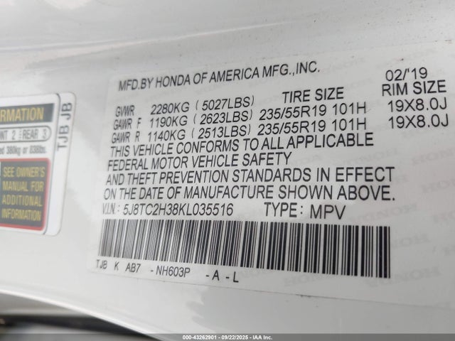 43262901 :رقم المزاد ، 5J8TC2H38KL035516 vin ، 2019 Acura Rdx Standard مزاد بيع