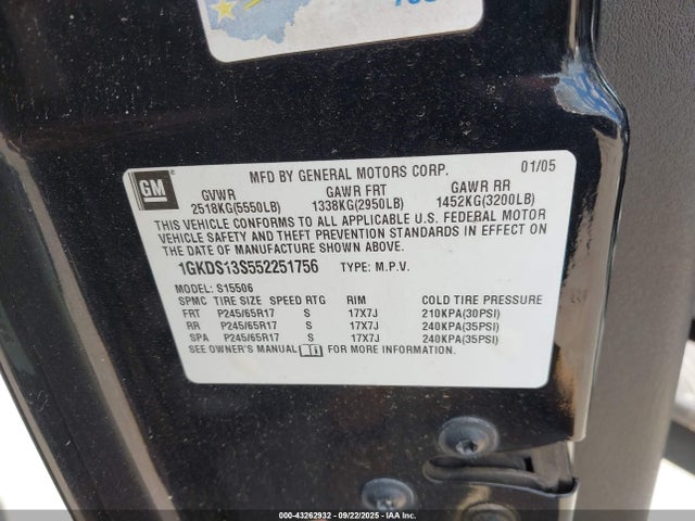 Aukcja sprzedaży 2005 Gmc Envoy Slt, vin: 1GKDS13S552251756, numer aukcji: 43262932
