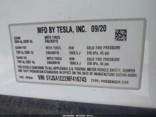2021 TESLA MODEL S 5YJSA1E22MF416743 Photo 8